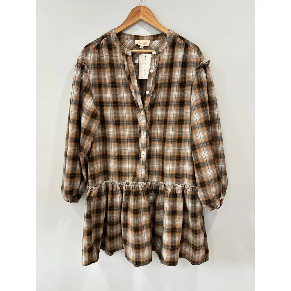 NEW Listicle Plaid Peplum Style Dress Size Medium Flannel Cottagecore Prairie - Picture 1 of 9